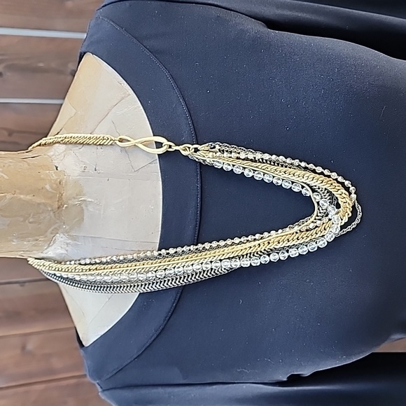 #69 Gold, bronze &‎ Crystals Multi Strand Chain Necklace - Picture 1 of 9